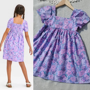 3样4-14岁纯元女童，夏季全棉紫色花朵连衣裙，方领泡泡袖