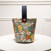 时尚简约格纹韩国帆布水桶包休闲百搭妈咪包加厚午餐饭盒袋手拎包