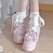 PINKYO原创粉色加绒雪地靴女冬季可爱蝴蝶结厚底保暖中筒棉靴