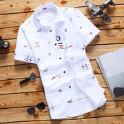 韩佩夏季短袖格子衬衫男士韩版修身青少年，半袖白衬衣(白衬衣)潮流男装外套