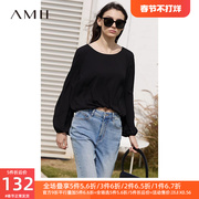 amii2023秋灯笼袖雪纺衫，长袖上衣女黑色衬衫，别致漂亮洋气小衫