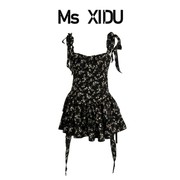 Ms XIDU茶歇茉莉 法式黑色碎花吊带裙夏纯欲茶歇裙收腰显瘦连衣裙
