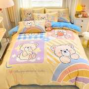高档日式纯棉儿童四件套全棉被罩床单床笠式小女孩猫咪粉色上下铺