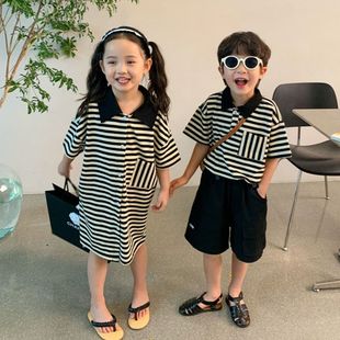 夏季帅气兄妹装韩版女童，经典条纹连衣裙男宝宝翻领，短袖姐妹t恤裙