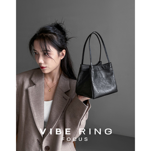 Vibe Ring/小众极简褶皱菜篮子包 头层牛皮小手提包单肩斜挎桶包