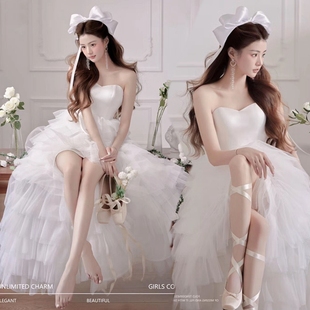 韩版影楼主题可爱甜美少女风写真礼服艺术照，前短后长绑带婚纱