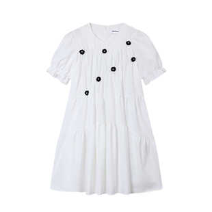法式甜美白色立体小花泡泡袖连衣裙少女感夏季小众别致高腰公主裙