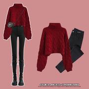 红色短款高领毛衣女(毛衣女)秋冬法式气质麻花加厚加绒保暖针织打底衫