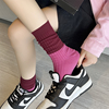 袜子女玫红粉色斜纹拼色菱形复古韩版时尚外穿百搭双针堆堆袜中筒