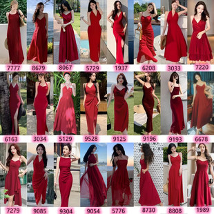 韩版复古高级感吊带裙女气质酒红色海边度假连衣沙滩裙打底小礼服