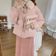 dearyn甜美减龄宽松毛毛领(毛，毛领)牛角，扣加厚短款棉服面包服外套女