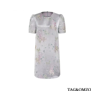 TAG&OMZO直发新中式风格短袖圆领桑蚕丝紫色提花连衣裙