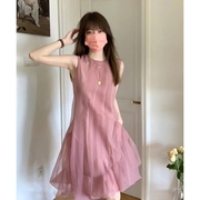 法式欧根纱粉色仙女连衣裙，女2023年夏季薄款无袖小众清新裙子