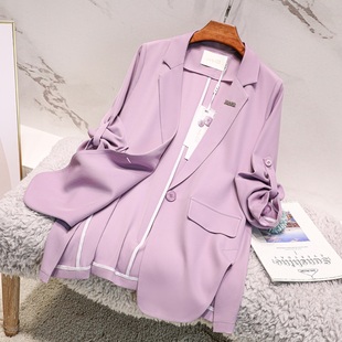 春夏韩版天丝雪纺小西装，外套女薄款紫色七分袖显瘦西服女上衣