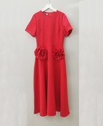 复古圆领手工立体玫瑰花朵，红色礼服中长裙，法式显瘦收腰连衣裙女