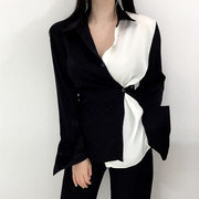 小众设计感韩国chic风不对称收腰黑白拼接撞色长袖衬衫女雪纺上衣
