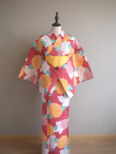 日单浴衣日本传统款和服YUKATA棉布质地少女女士玫红色 紫阳花