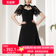 aui黑色新中式立领蕾丝，连衣裙女2024夏季气质显瘦a字中长裙子