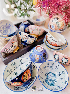 日本进口美浓烧饭碗招福动物小碗招财猫达摩釉下彩陶瓷餐具
