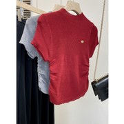 红色短袖t恤女夏季薄款冰丝，针织衫紧身修身显瘦正肩别致绝美上衣