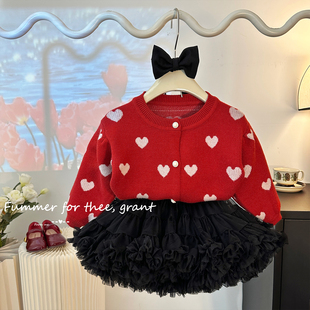 法国女童tutu裙套装春秋季宝宝，红色毛衣开衫，儿童蓬蓬半身裙礼服裙