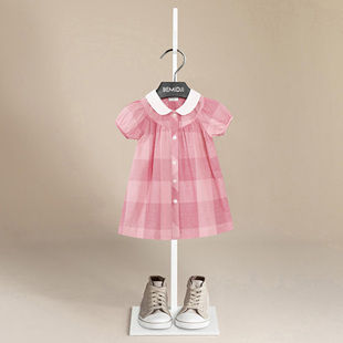 伯米吉夏装新女童纯棉娃娃领衬衫连衣裙宝宝婴幼儿粉色格子公主裙