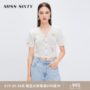 Miss Sixty针织外套女气质上衣V领短袖镂空绣花修身钻饰设计