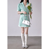 GNY小香风糖果绿色夏款两件套装OL短袖西装女外套+a字半身裙090TZ