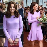 2023春季凯特王妃明星，同款紫色圆领修身显瘦连衣裙优雅中长款