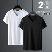 莫代尔冰丝t恤男士短袖夏季纯色体恤衫2021白色V领半袖潮流