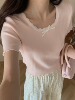 韩国chic夏季糖果色缤纷镂空针织短袖T恤蝴蝶机蕾丝装饰网眼上衣