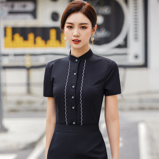 黑色雪纺衬衫女夏季薄款短袖2023气质设计感小个子立领衬衣