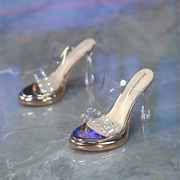 欧美风防水台透明水钻，女拖鞋2024夏季露趾水晶粗跟凉鞋高跟鞋