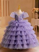 女童晚礼服高端2023紫色儿童，公主裙洋气生日，主持人钢琴演出服