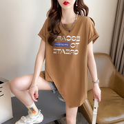 设计感小众短袖t恤女夏季韩版宽松大码中长款不规则开叉上衣服潮
