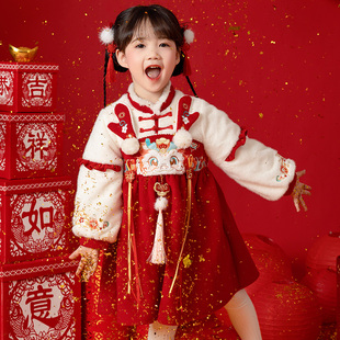 汉服女童冬季加绒加厚保暖连衣裙，儿童中国风，宝宝红色喜庆拜年服