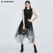 sdeer圣迪奥假两件连衣裙，设计感不规则印花网纱无袖长裙s21281211