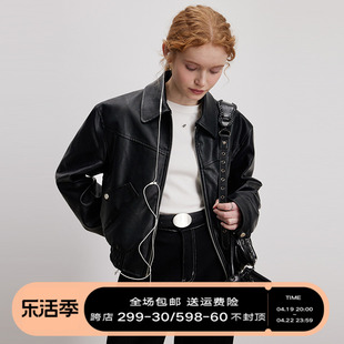 designerplus美式复古pu黑色皮衣女，小个子拉链短款机车夹克外套