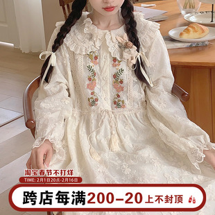 木茶出品茉莉清茶甜美刺绣蕾丝娃娃领连衣裙女2023秋季森系初恋裙