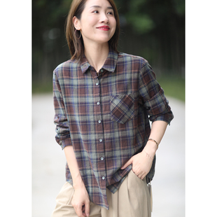 晓说配色赞定制面料文艺，复古时尚格子，长袖衬衫女宽松2023秋