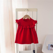 韩版女童马甲裙春秋女宝宝，公主裙针织洋气，外穿周岁婴儿背心红
