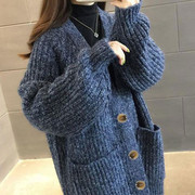 中长款粗线V领毛衣女2023年秋冬季韩版宽松加厚针织开衫外套