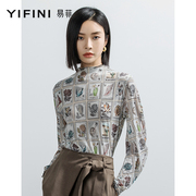 yifini易菲印花圆领荷叶，边长袖t恤弹力，打底衫上衣春秋