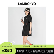 lamboyo裙子女夏季2023年黑色休闲风腰部可调节收腰t恤连衣裙