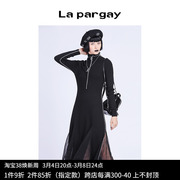 Lapargay纳帕佳2023女装黑色裙子个性修身网纱拼接针织连衣裙