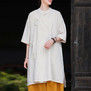 天丝亚麻新中式中长款衬衫女式春夏2025薄款国风禅服复古宽松茶服