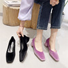 2024春夏季金丝绒方头紫色，粗跟高跟鞋女韩版中跟浅口黑色单鞋