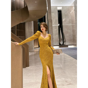 xulu原创轻奢优雅提花，蕾丝鱼尾裙收腰气质，长袖雌黄色包臀连衣裙