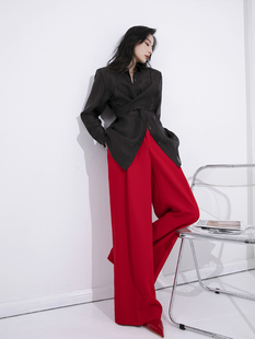 aksaya设计感大红色阔腿裤高腰长裤，女时尚复古洋气，高个子(高个子)裤子春秋