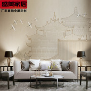 现代新中式线描阁楼雅致意境风，客厅沙发背景，墙纸茶室防潮自粘壁纸